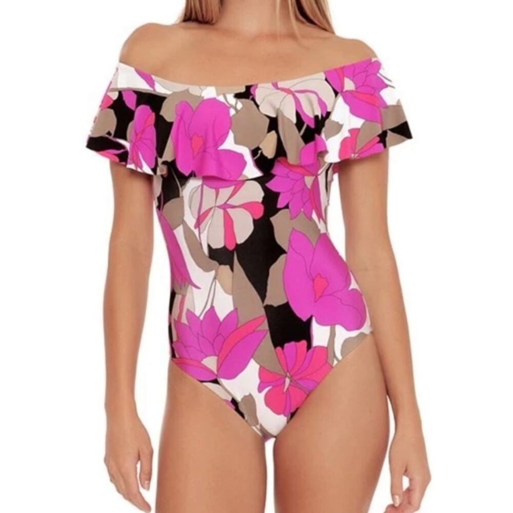Trina Turk Lynx Off The Shoulder One Piece Pink Floral Ruffle Bathing Suit 8